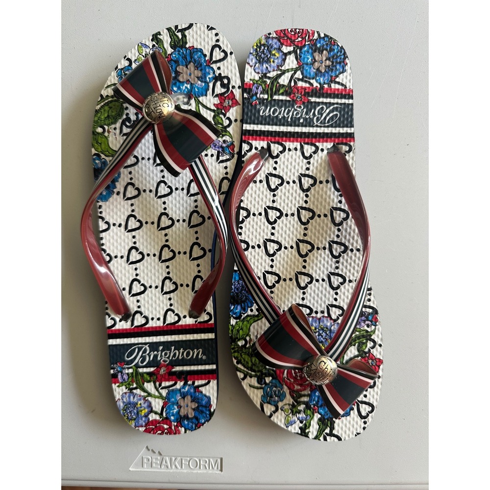 Brighton Entice Floral Heart Striped Bow Flip Flop Sandals Womens 10 - Picture 1 of 5